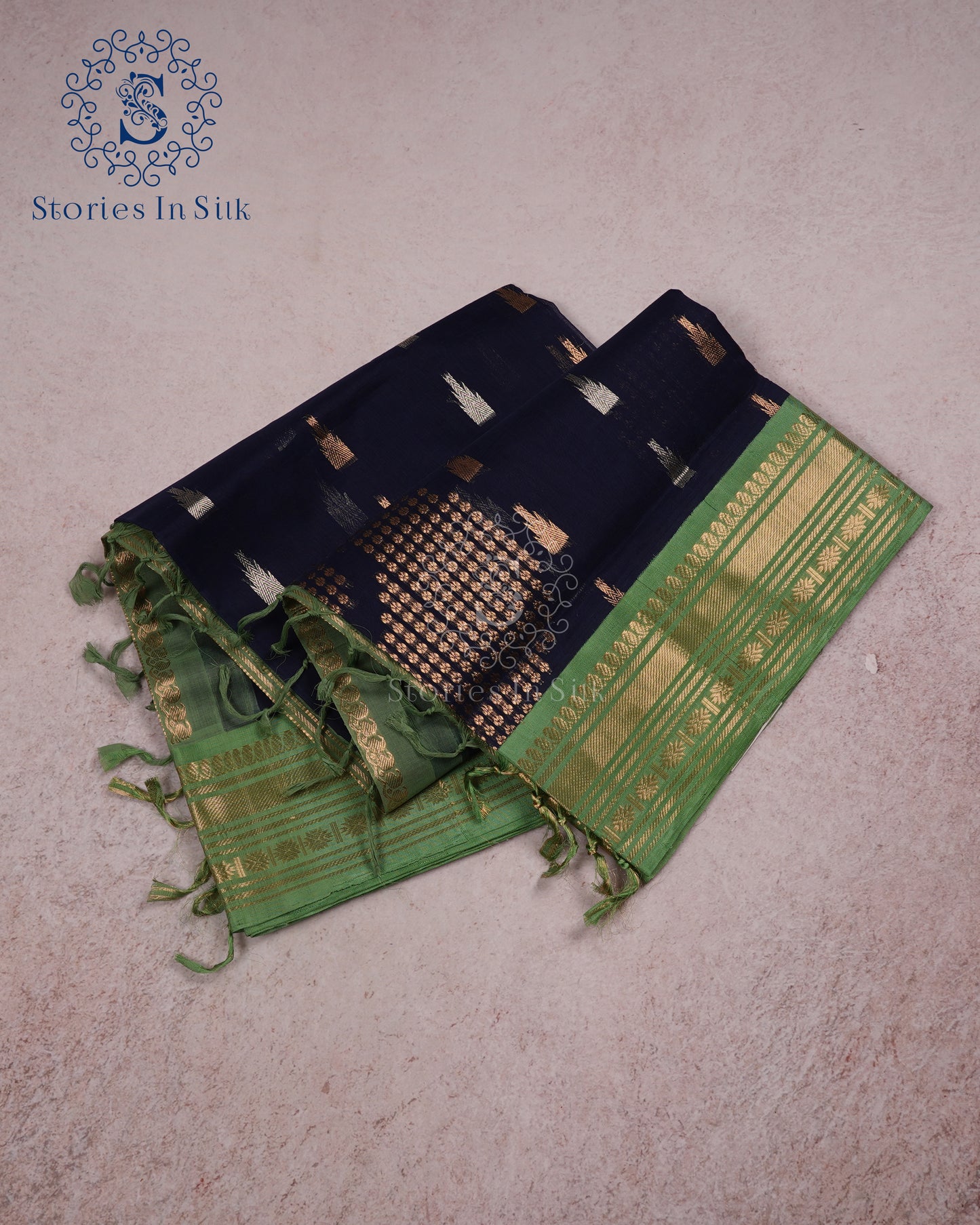 Navy Meadow Silk Cotton Saree - MAN104