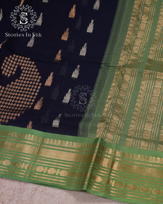 Navy Meadow Silk Cotton Saree - MAN104