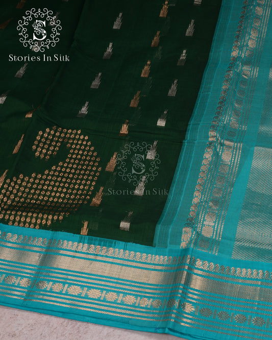 Emerald Teal Silk Cotton Saree - MAN104