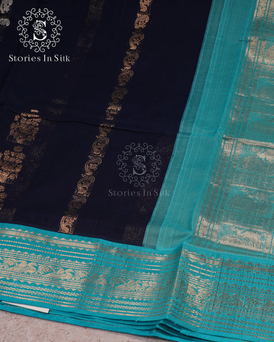 Navy Teal Elegance Silk Cotton Saree - MAN107
