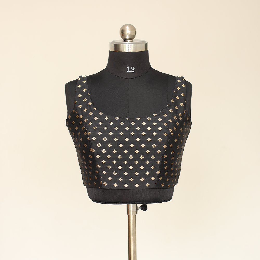 Black Semi-Silk Zari Butta Readymade Sleeveless Blouse