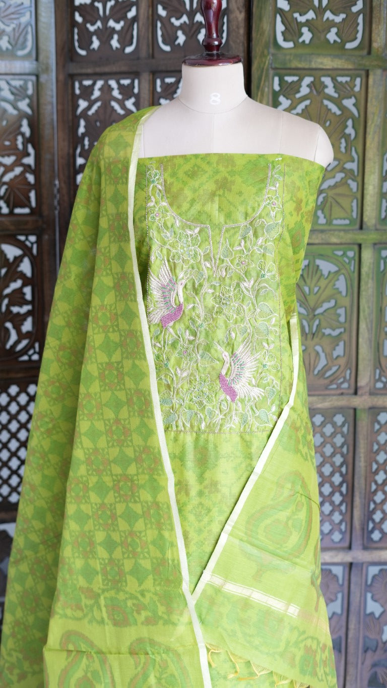 Lime Green Embroidered Dress Material with Woven Dupatta
