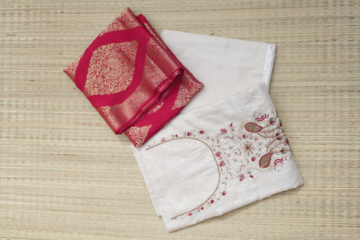 Off-White & Red Embroidered Dress Material with Banarasi Dupatta