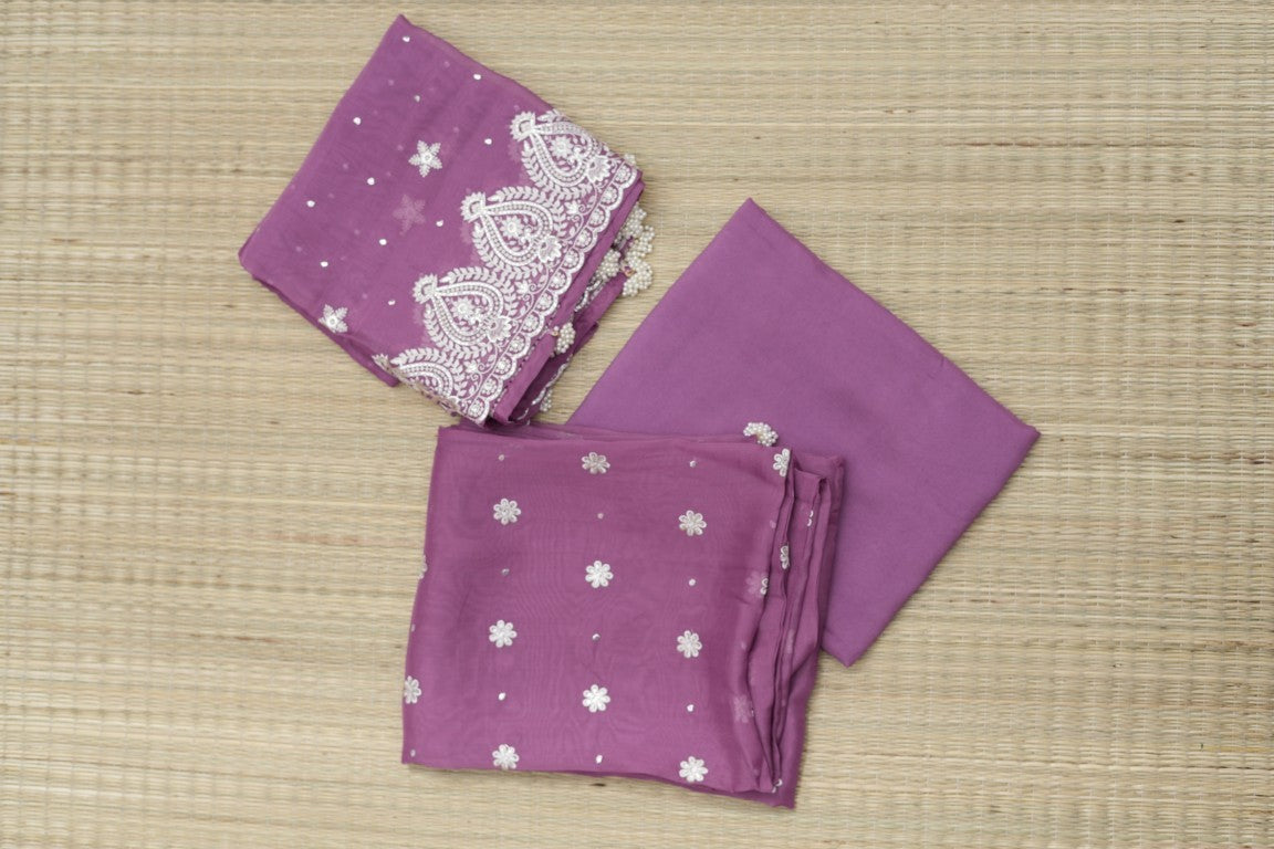 Purple Suit Material with White Embroidery Work