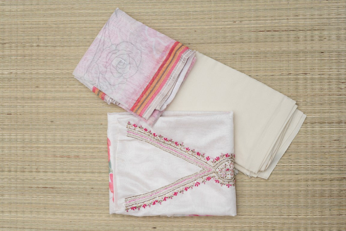 Off-White Suit Material with Floral Print Dupatta