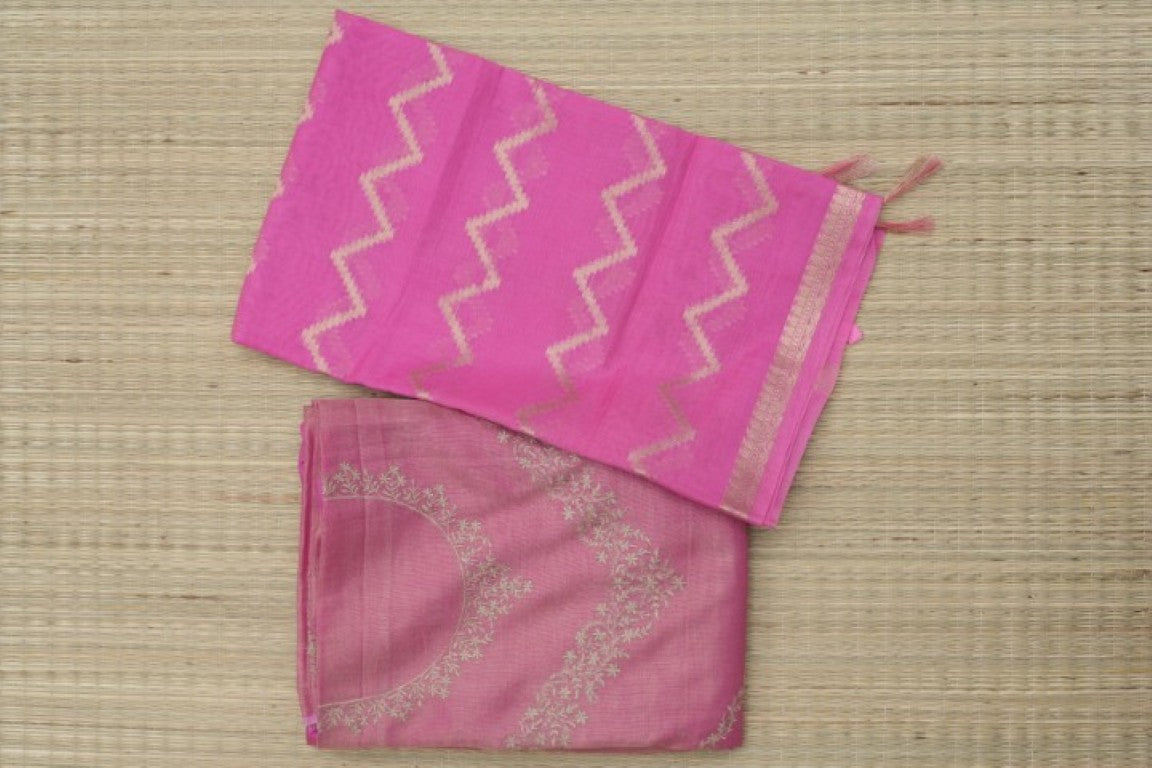 Rani Pink Silk Suit Material with Gold Zari Work & Weave Dupatta