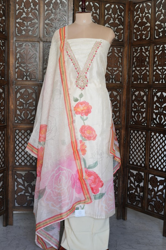 Off-White Suit Material with Floral Print Dupatta