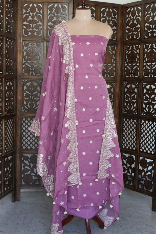Purple Suit Material with White Embroidery Work