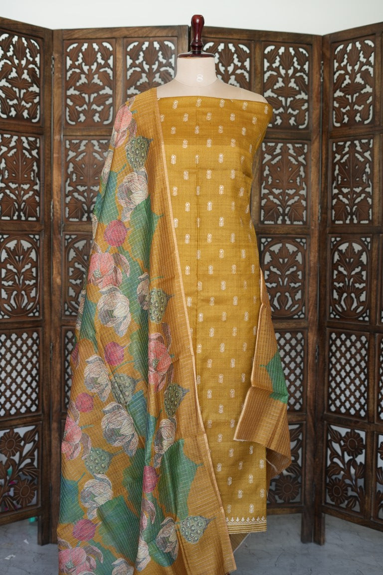 Mustard Gold Chanderi Suit Material with Floral Printed Dupatta