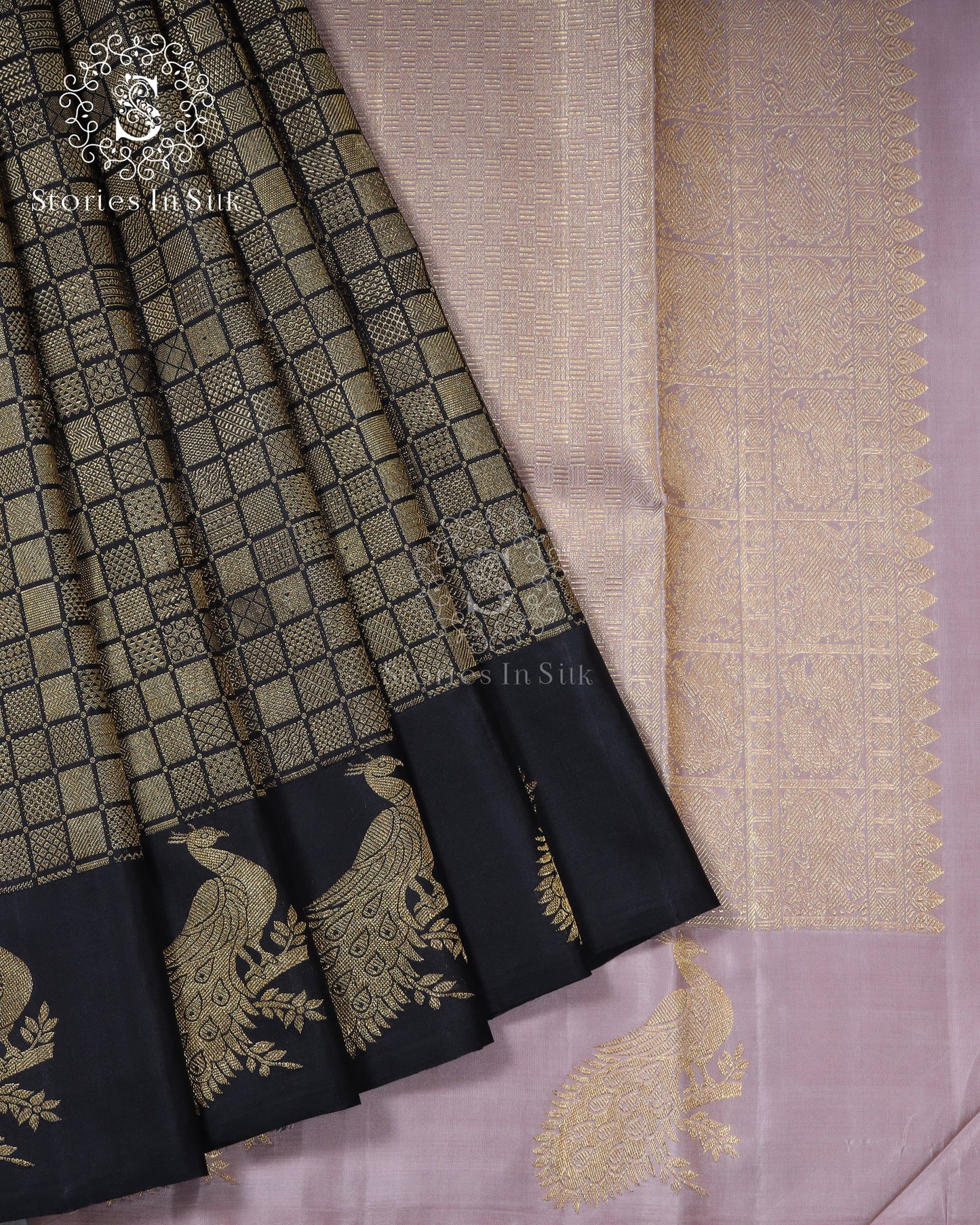 Black Gold Checks Silk Saree - SSK0020