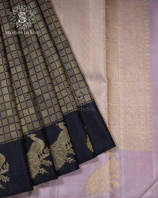 Black Gold Checks Silk Saree - SSK0020