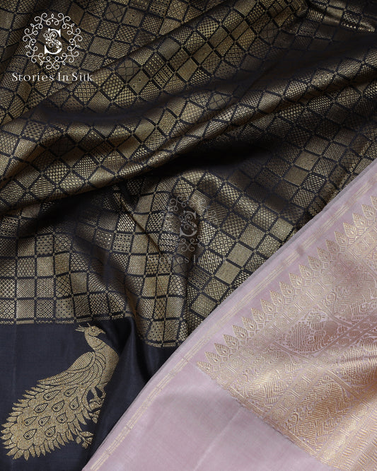 Black Gold Checks Silk Saree - SSK0020