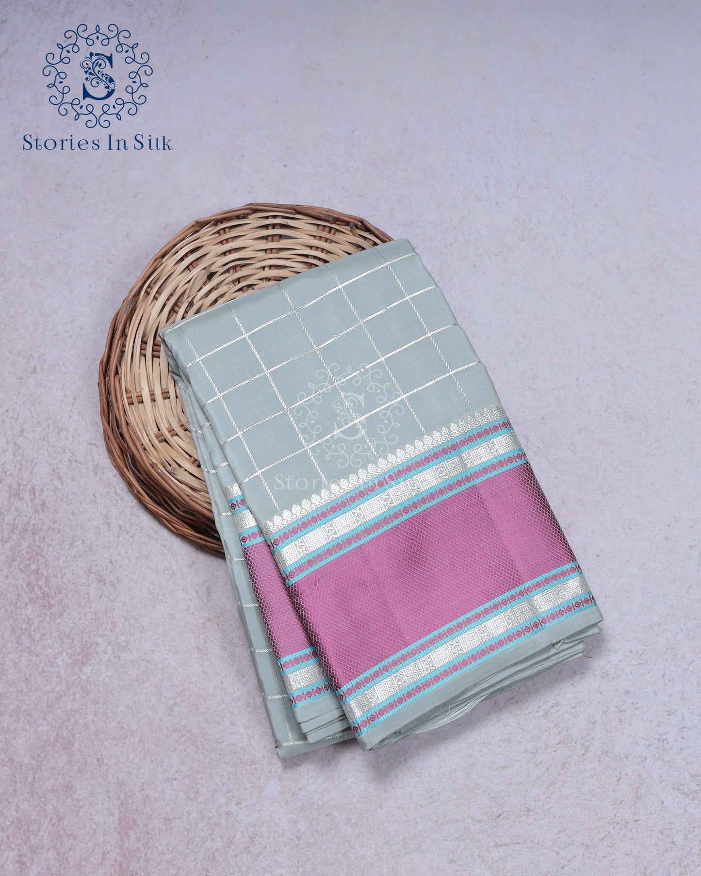 Mist Blue Grid Silk Saree - SSK0014