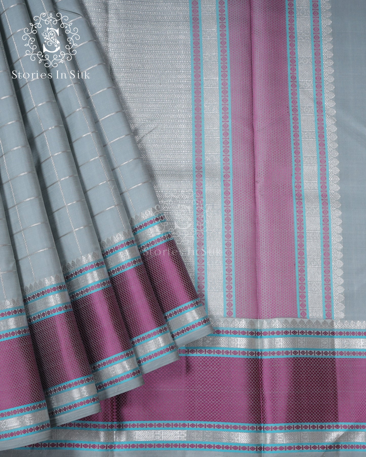 Mist Blue Grid Silk Saree - SSK0014