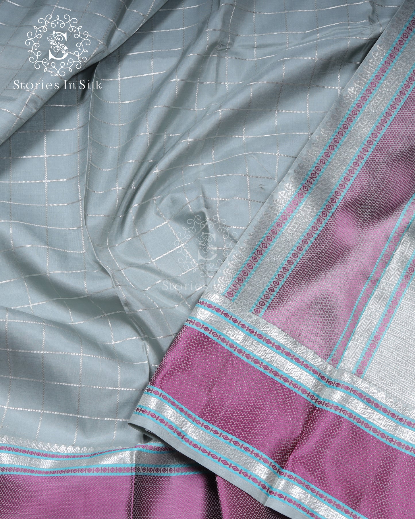 Mist Blue Grid Silk Saree - SSK0014