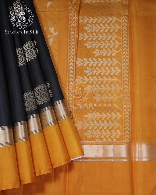 Black Mustard Contrast Silk Saree - SKV0069
