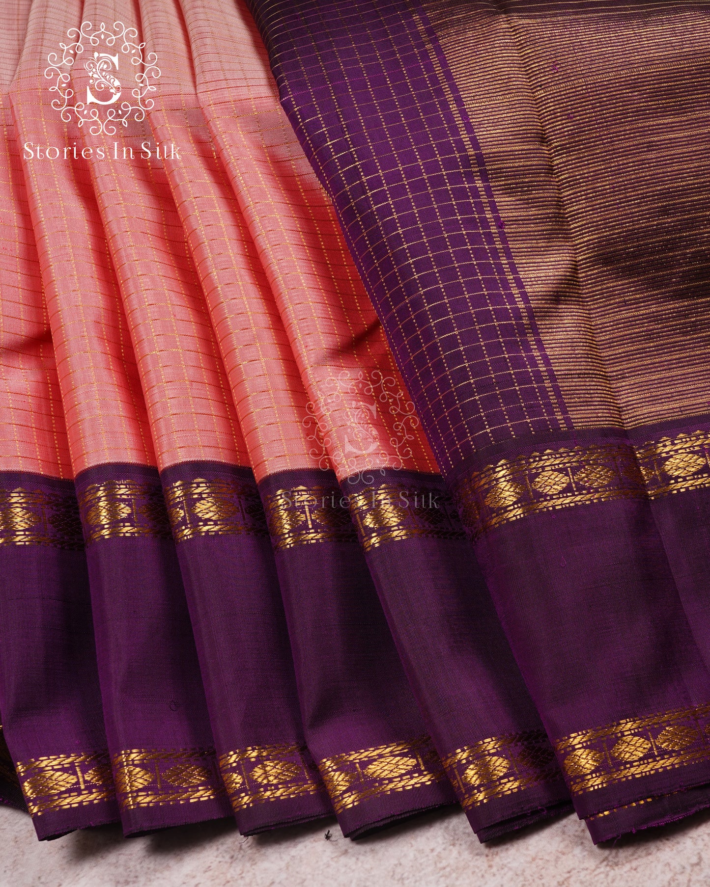 Peach Plum Contrast Pure Silk Saree - APS003