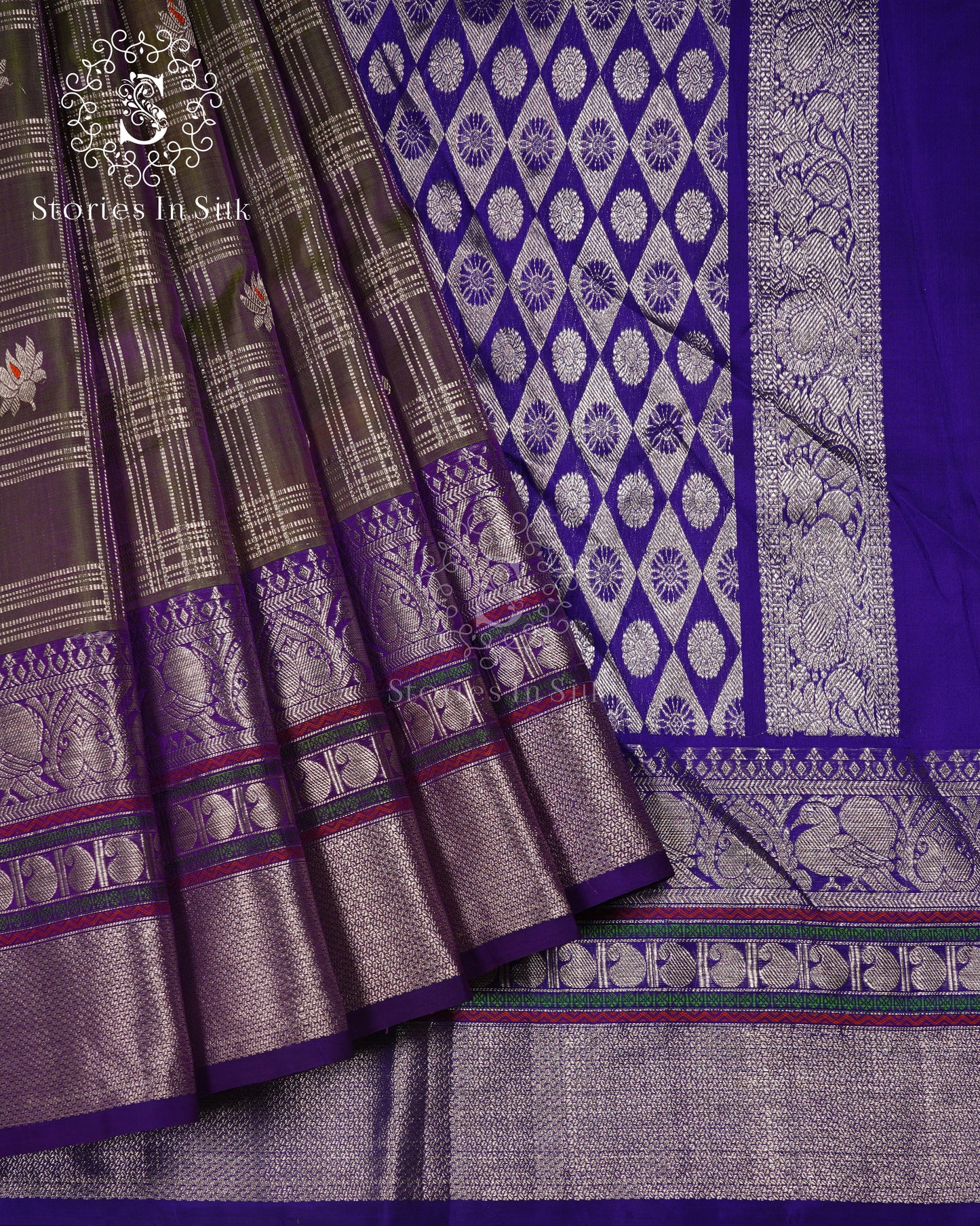 Lavender Olive Pure Silk Saree - NS040