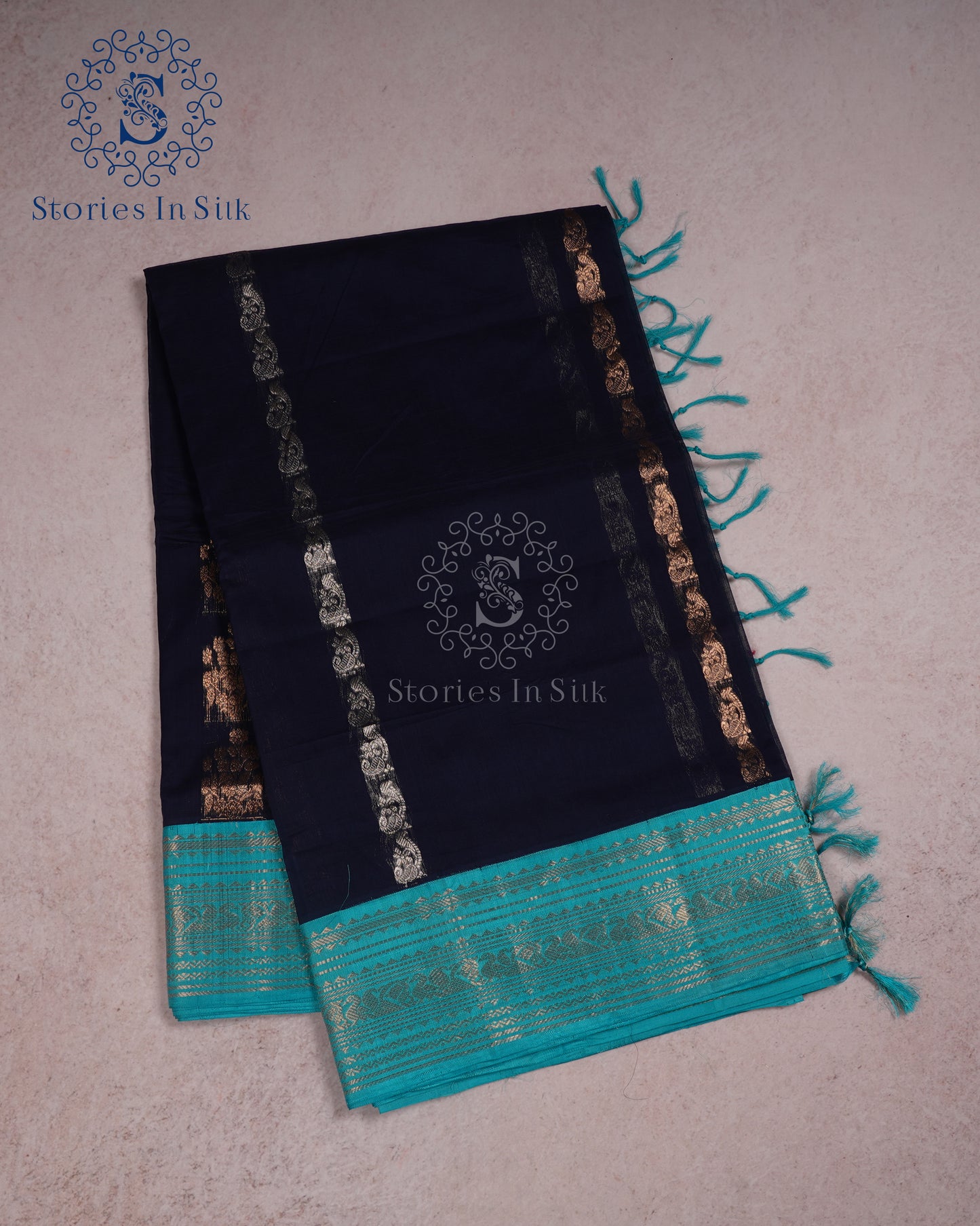 Navy Teal Elegance Silk Cotton Saree - MAN107