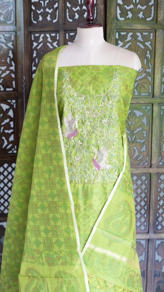 Lime Green Embroidered Dress Material with Woven Dupatta