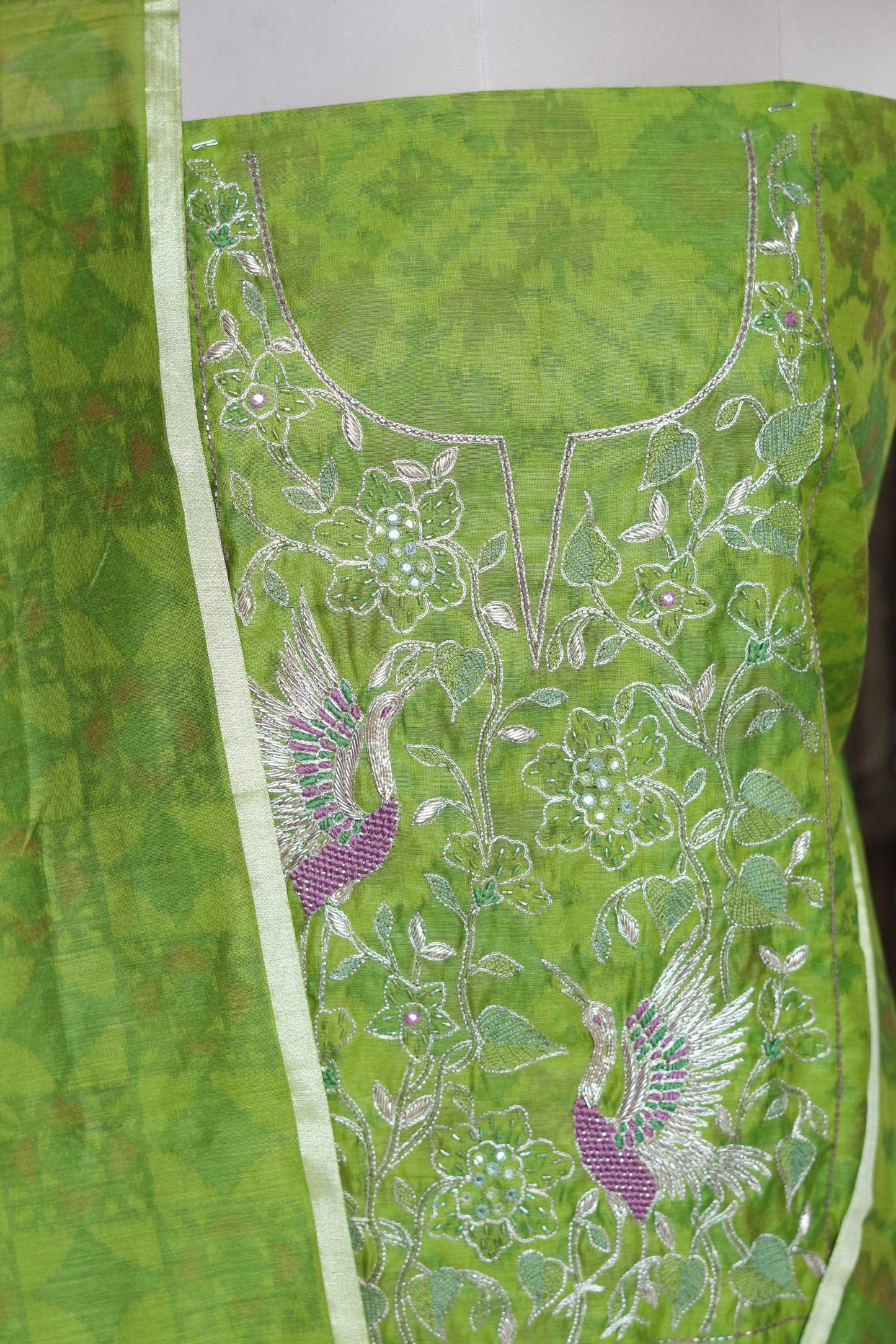Lime Green Embroidered Dress Material with Woven Dupatta