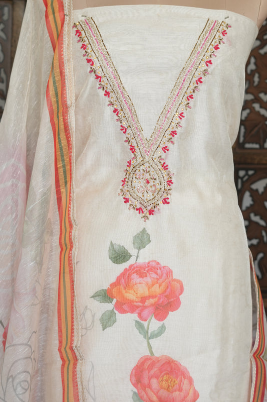 Off-White Suit Material with Floral Print Dupatta