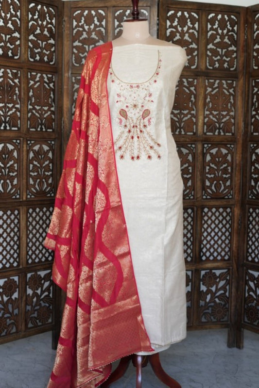 Off-White & Red Embroidered Dress Material with Banarasi Dupatta
