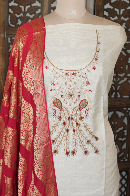 Off-White & Red Embroidered Dress Material with Banarasi Dupatta