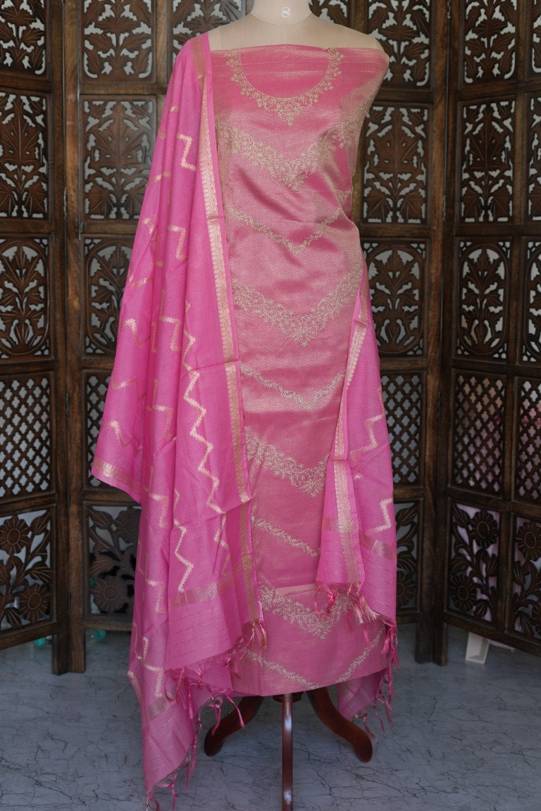 Rani Pink Silk Suit Material with Gold Zari Work &amp; Weave Dupatta