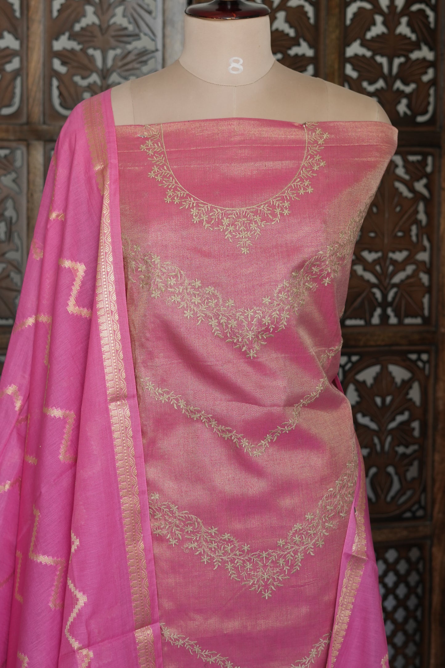 Rani Pink Silk Suit Material with Gold Zari Work &amp; Weave Dupatta