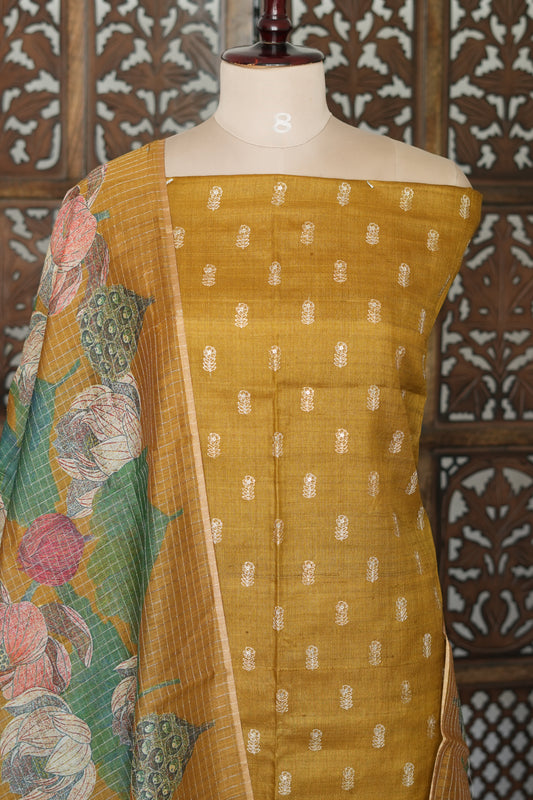Mustard Gold Chanderi Suit Material with Floral Printed Dupatta